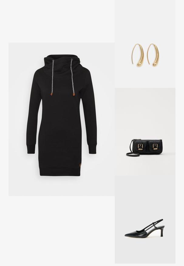 ONLY ONLBETTE  - Kasdienė suknelė - black; Juodai lakuoti slingback aukštakulniai su smailiu nosiu, su tekstūruotu gyvatės raštu, reguliuojama juosta ir trumpu, tekstūruotu blokiniu kulnu.; Juodas odinis per petį nešiojamas krepšys su dviem priekiniais kišenėmis, auksiniais sagtimis, užtrauktuko uždarymu ir siauromis petnešomis. Textūruota paviršius ir kompaktiškas stačiakampis formatas.; Auksinės metalinės auskarų kabės su lenktą, pailgą forma. Turi lygų, blizgantį paviršių ir užapvalintą galiuką papildomam akcentui.