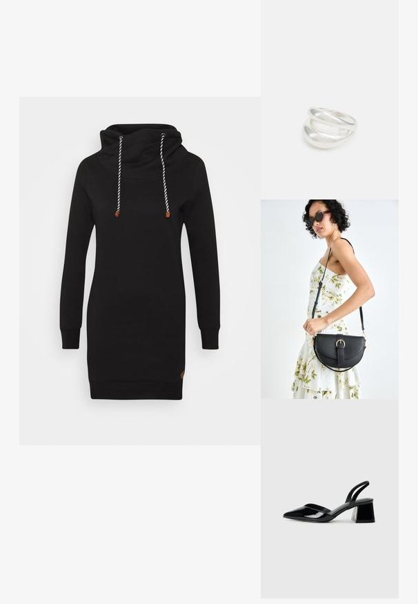 ONLY ONLBETTE  - Dienas kleita - black; Melna lakota āda ar atvērto papēdi, ar smailu purngalu un ģeometrisku blokpapēdi. Iezīmējas elegants, minimāls dizains un gluda tekstūra.; Melnas ādas rokassoma ar izliekta formu, noņemamu siksnu un zelta aksesuāriem. Somai ir vāciņš ar sprādzes detaļu.; Sudraba divu joslu gredzens ar gludu, pulētu virsmu. Iezīmējas ar plūstošu, izliekta dizaina struktūru ar pārklājošām sekcijām modernam izskatam.