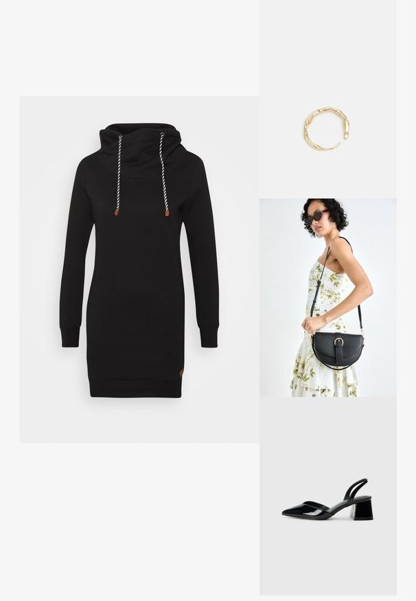 ONLY ONLBETTE - Denné šaty - black; Čierne lakované kožené sandálové podpätky s špicatou špičkou a geometrickým blokovým podpätkom. Disponujú elegantným, minimalistickým dizajnom a hladkým povrchom.; Čierna kožená kabelka s zaobleným tvarom, odnímateľným popruhom a zlatými doplnkami. Kabelka má klopu s detailom s prackou.; Prsteň v zlatej farbe s organickým, skrúteným dizajnom, hladkým povrchom a zužujúcimi sa koncami, vytvárajúci moderný, sochársky vzhľad.