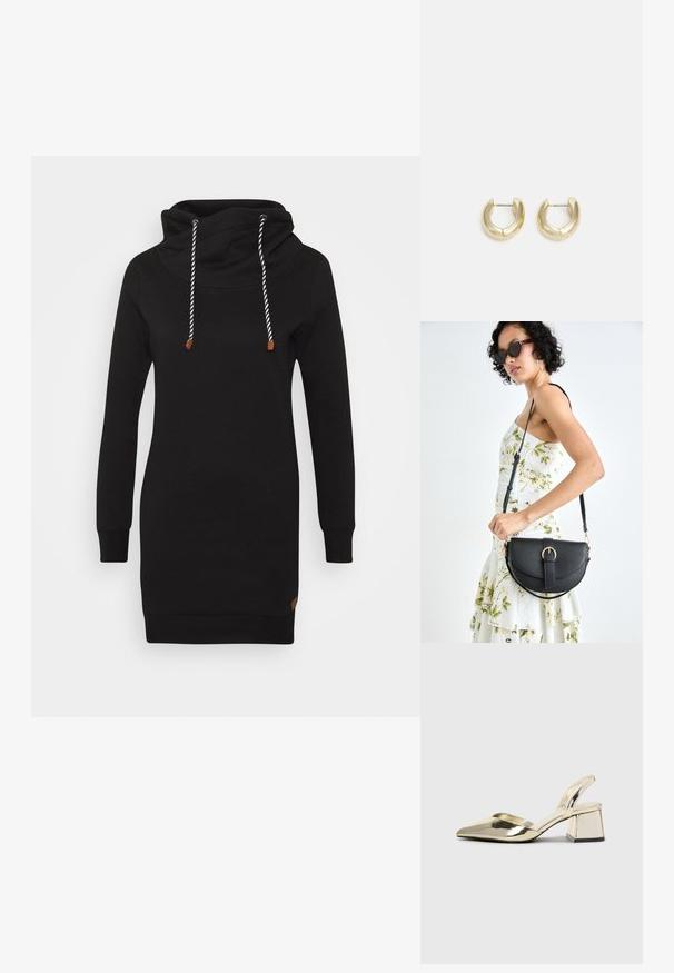 ONLY ONLBETTE - Dnevna haljina - black; Zlatni metalik slingback sandali s šiljatim vrhom i debelim potpeticama. Glatka tekstura, minimalistički dizajn i uski remen.; Crna kožna torba s lukovitim oblikom, odvojivim remenom i zlatnim detaljima. Torba ima preklop s kopčom.; Zlatne okrugle naušnice s glatkom, sjajnom završnom obradom. Imaju polukružni oblik i sigurni sistem kopčanja na post.