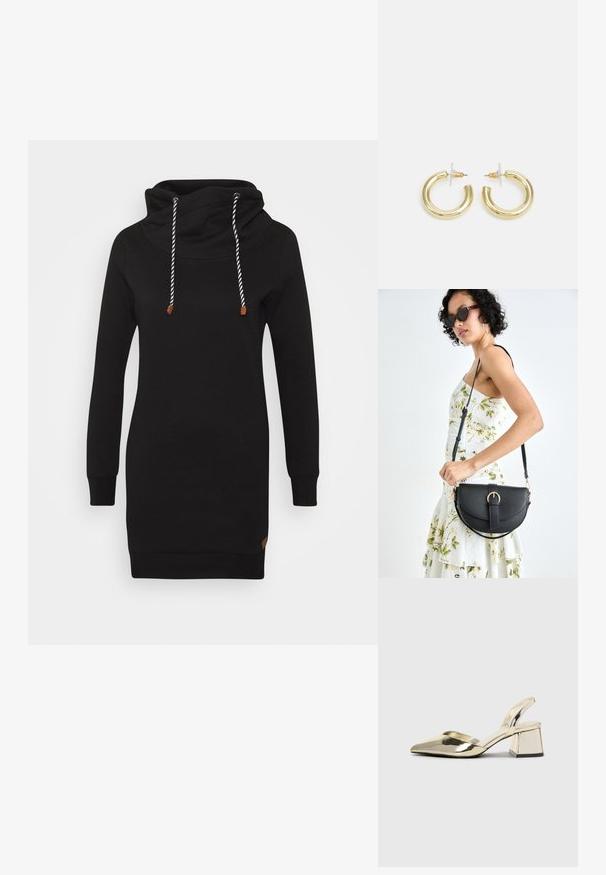 ONLY ONLBETTE - Nappali ruha - black; Arany, fémből készült slingback sarkú cipők hegyes orral és vastag sarokkal. Simaság, minimalista design és keskeny pánt jellemzi.; Fekete bőrtáska ívelt formával, levehető pánttal és arany színű fémrészekkel. A táskán egy csattal díszített fedél található.; Arany fülbevalók sima, fényes felülettel. Kör alakú dizájn, amely kis kapoccsal és átlátszó tartozékkal rendelkezik a biztonságos viselés érdekében.