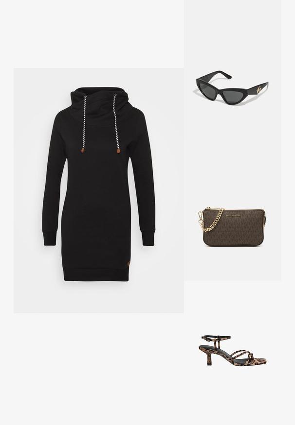 ONLY ONLBETTE czarny; Sandały na obcasie w panterkę, ze kwadratowym noskiem, wieloma paskami i średnim obcasem. Wykonane z miękkiego materiału tekstylnego.; Okulary przeciwsłoneczne w kształcie kocich oczu z matową czarną oprawką z plastiku, ciemnymi soczewkami oraz złotym akcentem z logo na zausznicy. Kanciasty kształt i gładka tekstura.; Brązowa skórzana torebka na ramię z wzorem logo, złotym łańcuszkiem na pasku, zapięciem na zamek błyskawiczny oraz złotymi akcentami. Kompaktowy i prostokątny kształt.