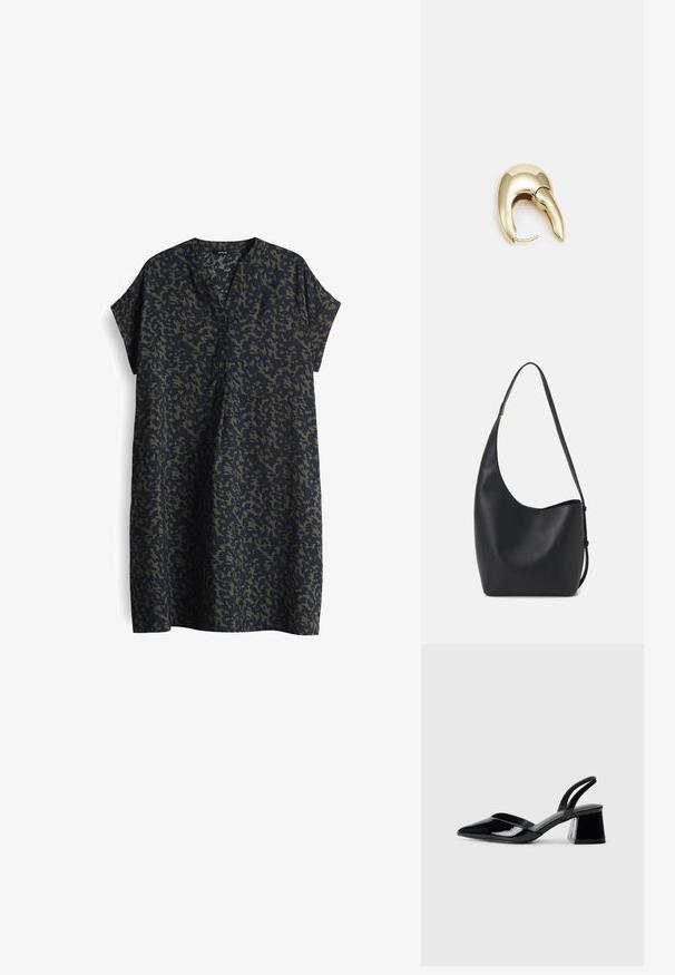 Abito blu navy scuro con vestibilità morbida, maniche corte e scollatura a V. Presenta un motivo mimetico in tonalità di verde scuro e verde chiaro.; Décolleté in vernice nera con punta affusolata e tacco in geometria cubica. Presentano un design elegante e minimalista, con una texture liscia.; Borsa hobo nera in pelle con una superficie liscia, forma curvata e una singola tracolla regolabile; presenta un'ampia apertura nella parte superiore.; Orecchino in metallo color oro con un design elegante e curvo. Presenta una forma appuntita distintiva, superficie lucida e chiusura a cerniera.