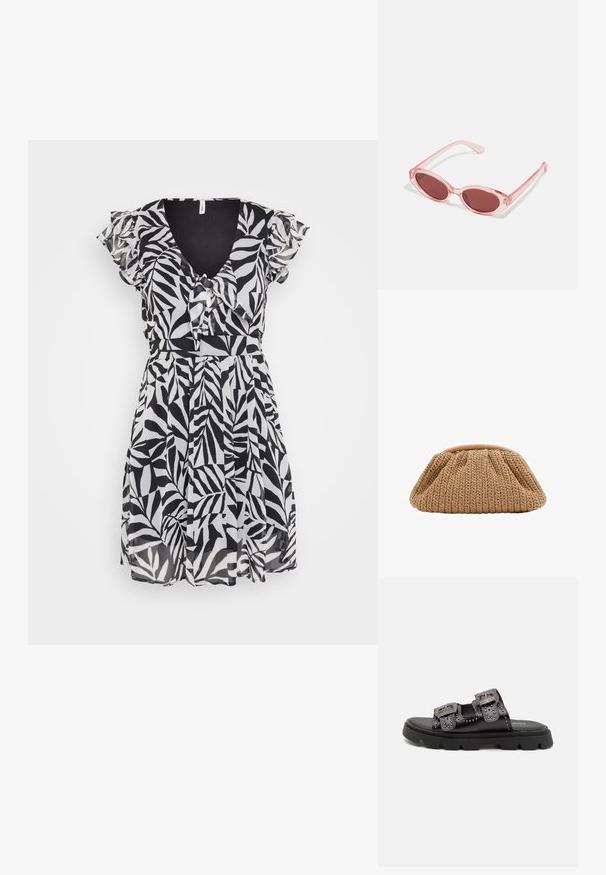 Black and white dress with leaf pattern, flutter sleeves, v-neck, and waist tie. Made of lightweight fabric, featuring a flared skirt.; Black sandals featuring two wide straps with decorative studs and detailed buckles, set on a sturdy textured rubber sole.; Pink transparent sunglasses with oval lenses, dark red tint, and slender arms, featuring a smooth finish and subtle detailing on the frame.; Knit beige clutch bag with a gathered design and rounded shape, featuring a textured fabric finish and soft top opening.; Silver hoop earrings with a smooth, polished finish. Round shape and secure click-top closure. Lightweight design suitable for everyday wear.