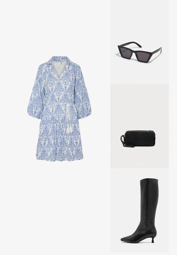 Kratki rukavi, košuljasta haljina od bijelog materijala s plavim cvjetnim uzorkom, s pojasom na struku s resicama. Ima labav, lepršav dizajn.; Zign Čizme - black; Crne, uglaste sunčane naočale sa sivoj lećama; izrađene od plastike, imaju debele nogice s glatkom površinom i bez vidljivih metalnih dijelova.; Crna suđena torbica s patentnim zatvaračem i odvojivim ručnim remenom. Ima zlatne metalne detalje i glatku, mat teksturu.