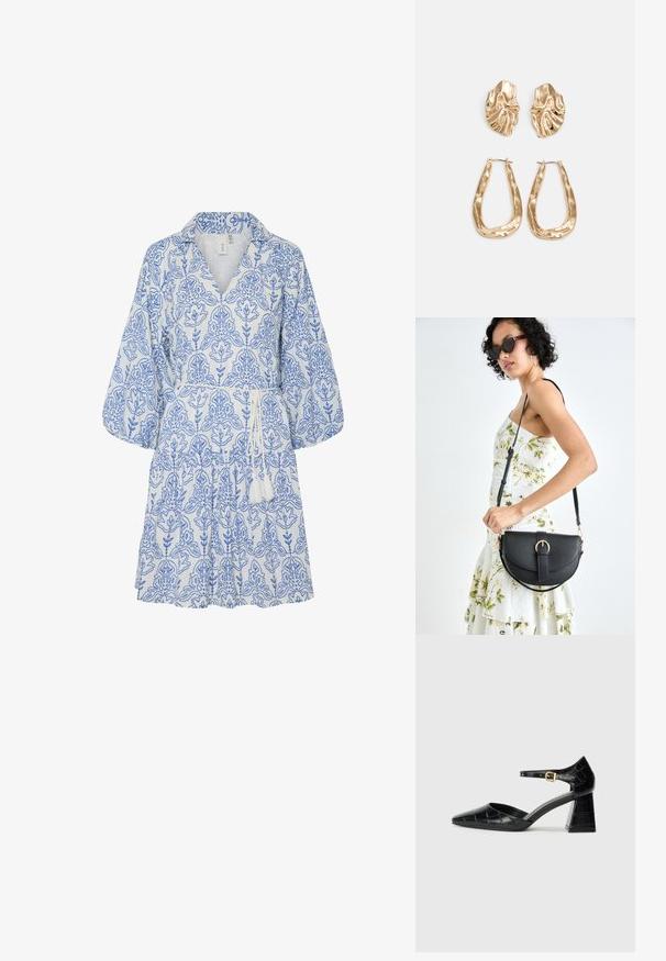 Vestido de manga curta, com gola, em tecido branco com padrão floral azul, cinto na cintura com franjas. Apresenta um design solto e fluido.; Sapato de salto alto em couro envernizado preto com bico apontado, tira no tornozelo e padrão texturizado de crocodilo. Design de salto quadrado.; Bolsa de couro preta com forma curva, alça destacável e detalhes em dourado. A bolsa possui uma aba com detalhe de fivela.; Brincos em tom de ouro com formas onduladas e texturizadas. Inclui studs escultóricos com presilha e um design de argola aberta com um acabamento martelado.