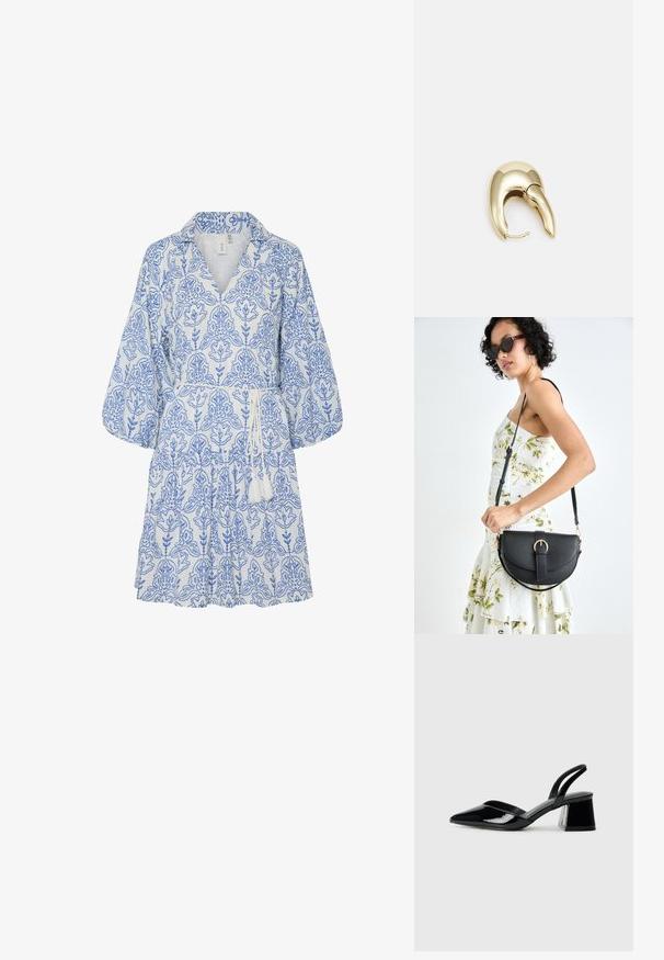 Kortärmad klänning med krage i vitt tyg med blå blommönster, bälte i midjan med tofsar. Har en lös, flödande design.; Svarta lackläder slingback klackar med spetsig tå och geometrisk klack. Har en elegant, minimalistisk design och slät yta.; Svart läderhandväska med en böjd form, avtagbar rem och guldiga detaljer. Väskan har ett lock med en spänndetalj.; Örhänge i guldtonad metall med en elegant, böjd design. Har en distinkt spetsig form, polerad yta och gångjärnslås.