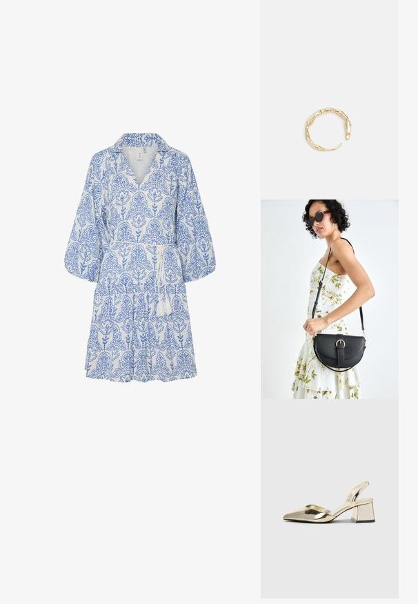 Kratki rukavi, košuljasta haljina od bijelog materijala s plavim cvjetnim uzorkom, s pojasom na struku s resicama. Ima labav, lepršav dizajn.; Zlatni metalik slingback sandali s šiljatim vrhom i debelim potpeticama. Glatka tekstura, minimalistički dizajn i uski remen.; Crna kožna torba s lukovitim oblikom, odvojivim remenom i zlatnim detaljima. Torba ima preklop s kopčom.; Prsten u zlatnoj nijansi s organskim, uvijenim dizajnom, glatkom teksturom i suženim krajevima, koji stvara moderan, skulpturalni izgled.