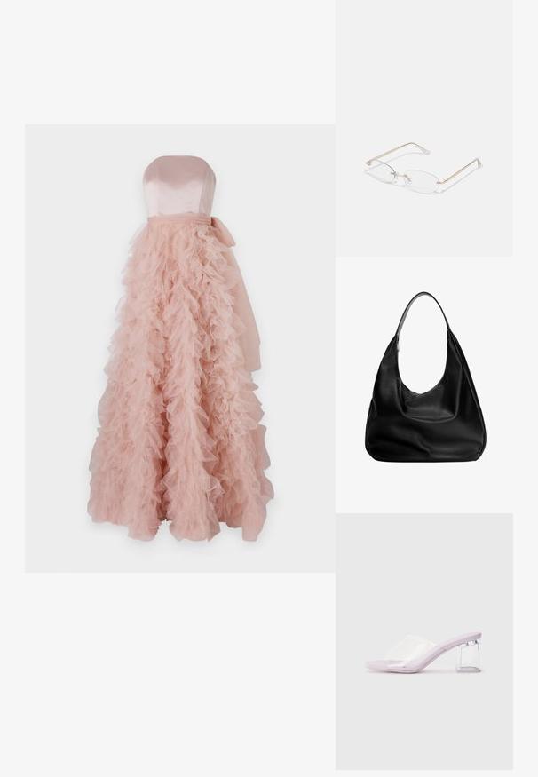 Ida Sjöstedt FRANCES GOWN - Oblečenie na špeciálnu príležitosť - rose; Fialové podpätky s otvorenou špičkou, jasnou plastovou vrchnou časťou a priehľadným blokovým podpätkom. Hladká textúra, minimalistický tvar.; Zlaté kovové okuliare s oválnymi šošovkami, štíhlymi rámami a priehľadnými nosovými podložkami. Obsahujú jemné akcenty pántov a priehľadné šošovky.; Čierna kožená hobo taška s uvoľneným dizajnom, širokým ramenným popruhom a hladkým povrchom. Obsahuje jedno zipsové uzatváranie na boku.