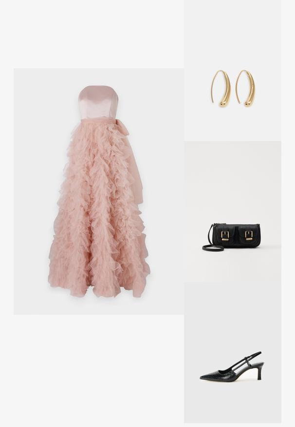 Ida Sjöstedt FRANCES GOWN - Pidulikud riided - rose; Mustmust paelad, millel on terav varvas, tekstuuriga maduprindiga, reguleeritav rihm ja lühike tekstuuriga plokknina.; Must küllastamata nahast õlakott, millel on kaks esist nähtavat taskut, kuldsed pandlad, tõmblukuga sulgemine ja peen rihm. Tekstuuriga pind ja kompaktne ristkülikukujuline kuju.; Kuldtoonilised metallist rõngas kõrvarõngad, millel on kõver ja piklik kuju. Omavad siledat, läikivat pinda ja ümarat tipptugevdust, mis lisab detaili.