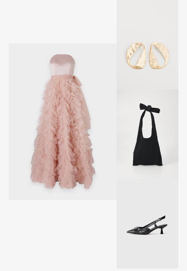 Ida Sjöstedt FRANCES GOWN - Apģērbs svinīgiem gadījumiem - rose; Melnas ādas šlipsveida kurpes ar norādītu purngalu, dekoratīvām joslām ar metāla acīm un zemu bloku papēdi. Teksturēta virsma.; Loeffler Randall BOBBY PLEATED TOTE - Rokassoma - black; Pāris neregulāras ovālas formas zelta toņos metāla auskaru ar teksturētu, nedaudz sitētu virsmu uz baltas fona.