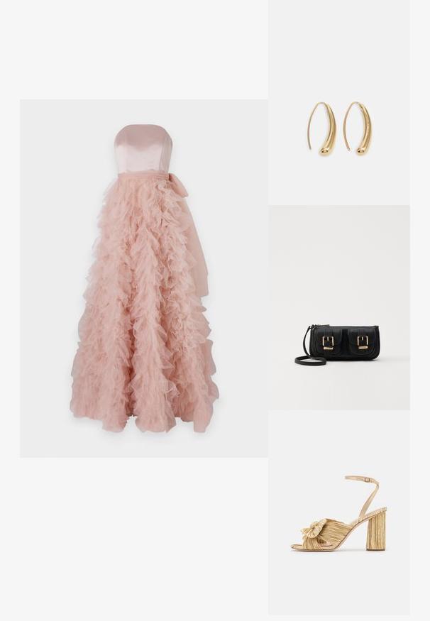 Ida Sjöstedt FRANCES GOWN - Occasion wear - rose; Gold heeled sandals with a knotted front, pleated texture, and an ankle strap. The block heel has a ribbed design, enhancing grip.; Black leather crossbody bag with two front pockets, gold buckles, zipper closure, and a slim strap. Textured surface and compact rectangular shape.; Gold-tone metal hoop earrings with a curved, elongated shape. Features a smooth, shiny surface and a rounded tip for added detail.