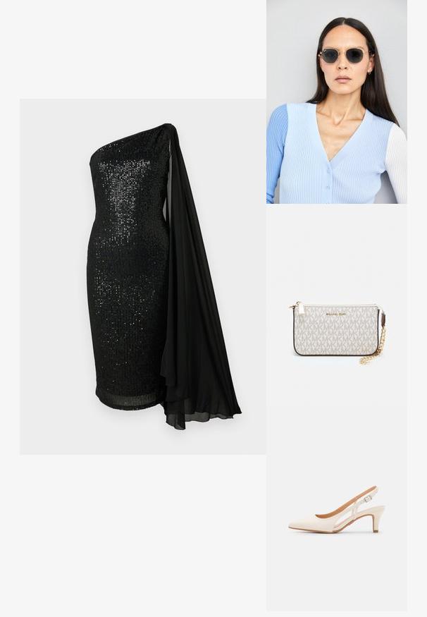 Melna fliteru kleita ar vienas pleca dizainu. Iekļauj plūstošu melnas šifona pārklāju, piegulošu siluetu un ceļgala garuma apakšmalu.; Baltas siksniņveida papēdis ar smailu purngalu, gludu augšējo materiālu, zemu blokpapēdi un sānu izgriezumu dizainu ar regulējamu sprādzi.; Apaļas saulesbrilles ar tumšiem objektīviem un zeltītām rāmēm. Modelis valkā gaiši zilu, ribotu kardigānu ar pogām un kontrastējošām baltām piedurknēm.; Michaela Korsa rokassomi bez̦ā īšojuma, kas izgatavota no apklāta kanvas, iekļaujot atkārtotu MK logotipa rakstu, zelta aparatūru un noņemamu ķēdes siksnu.