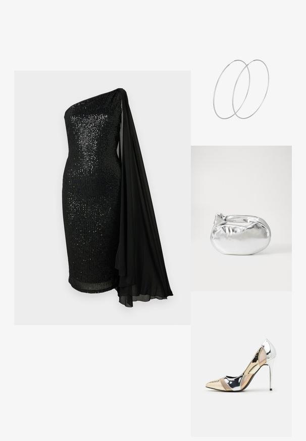 Črna obleka s pailleti in enostranskim dizajnom. Ima tekoč detalj iz črnega čipkastega tila, prilegajočo silhueto in rob do kolen.; Čevlji z visoko peto in konico, v barvni kombinaciji srebrne, zlate in nude. Sijajna obdelava z izrezljanim dizajnom, z igličasto peto.; Srebrna kovinska torbica z mehko, zaobljeno obliko in zavezano zgornjo zaporo. Narejena iz gladkega umetnega usnja.; Srebrne uhane v obliki obroča z minimalističnim dizajnom. Krožna oblika, gladka tekstura in tanek profil. Lahki s poliranim zaključkom.