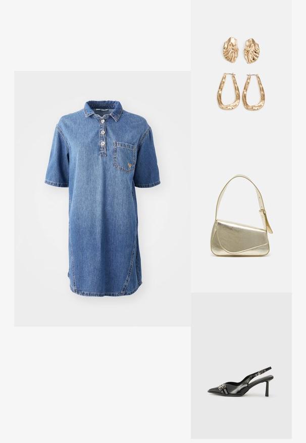 Gaiši zils denim polo krekliņš ar īsām piedurknēm, apkakli, četru pogu aizdari un kabatu kreisajā krūtī.; Melnā patentēta ādas sandale ar norādītu purngalu, potītes siksniņām ar sudraba sprādzēm un aparatūru, kā arī smalku papēdi.; Zelta metāla somiņa ar strukturētu dizainu, gludu tekstūru un regulējamu siksniņu. Iezīmējas ar unikālu trīsstūrveida formu un minimālistisku šuvumu.; Zelta krāsas auskari ar teksturētām, viļņotām formām. Iekļauts skulpturāls piespraužams modelis un atvērta gredzenveida konstrukcija ar izsistām virsmām.