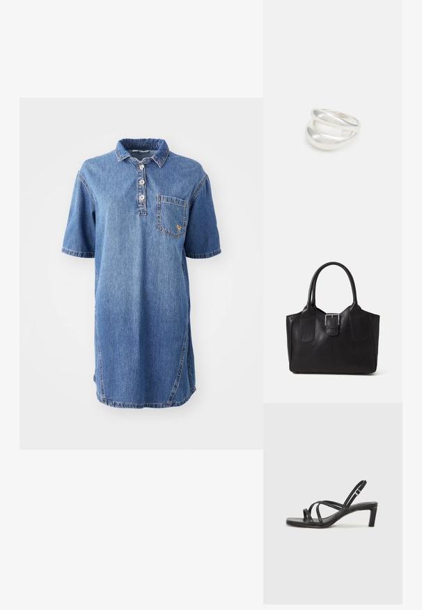 Heledsinine teksapolo kleit, millel on krae, lühikesed varrukad, neli nupuvajutust ning vasakul rinnal õmmeldud tasku.; Mustast rihmajalatsid ruudukujulise varba ja madala ploki kontsaga. Omab mitmeid õhukesi rihmasid ja reguleeritavat pahkluu rihma. Valmistatud siledast nahast.; Mustgamma nahast kott, millel on sile tekstuur, struktureeritud kuju, kaks käepidet ja esiküljel silmapaistev hõbedane pandla detail.; Hõbedane kahekordne rõngas sujuva, poleeritud pinnaga. Omab voolavat, kõverat disaini, millel on kattuvad sektsioonid, et saavutada kaasaegne ilme.