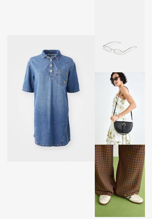 Vestido polo de ganga em azul claro, com colarinho, mangas curtas, meio botão com quatro botões e um bolso com patch no lado esquerdo do peito.; Calças largas em padrão xadrez castanho e azul, combinadas com sapatos brancos com detalhes pretos e solas texturizadas, contra um fundo verde.; Óculos ovais com uma armação metálica prateada, lentes transparentes e detalhes texturizados em contas nas hastes. Design leve com braços curvos.; Bolsa de couro preta com forma curva, alça destacável e detalhes em dourado. A bolsa possui uma aba com detalhe de fivela.
