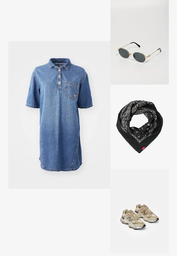 Denim polo majica obleka v svetlo modri barvi, z ovratnikom, kratkimi rokavi, štirimi gumbi na zapenjanju in žepom na levi strani prsi.; Bež teniske z mrežastim in semiš materialom. Imajo črn logo in teksturirane detajle. Debela bela srednja podloga in črn gumijast podplat.; Zlate sončne očala z ovalnimi lečami in temnimi lečami. Črne acetatne konice na ročajih. Ime blagovne znamke "QUAY" na strani.; Levi's® PAISLEY BANDANA UNISEX - Ruta - regular black