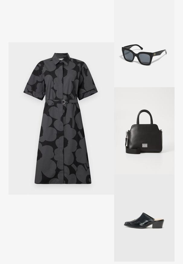 Czarna i szaro kwiecista sukienka koszulowa z krótkimi rękawami, kołnierzykiem i paskiem w talii. Gładki materiał o luźnym kroju.; Czarne lakierowane mule z ostrym noskiem, zaokrąglonym kształtem i niskim obcasem w kształcie kostki, ozdobione dekoracyjnym przeszyciem wzdłuż cholewki.; Czarne okulary przeciwsłoneczne o odważnym, kwadratowym kształcie, z ciemnymi soczewkami i złotym logotypem na jednym z ramion. Wykonane z błyszczącego plastiku.; Czarna syntetyczna torebka z uchwytami u góry, odpinanym paskiem na ramię, zaokrąglonym kształtem, gładką teksturą i srebrnym logo na przodzie.