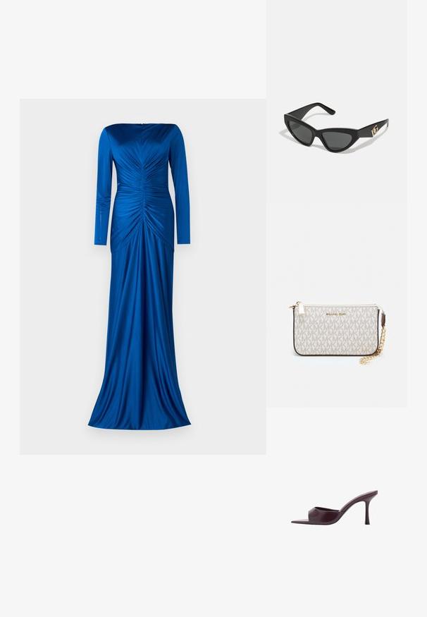 Et Ochs THEA GOWN - Îmbrăcăminte de ocazie - sapphire; Muleuri cu toc înalt burgundy, cu vârf pătrat, fabricate din piele netedă. Prezintă un design elegant, minimalist și un toc conic.; Ochelari de soare tip cat-eye cu un cadru din plastic mat de culoare neagră, lentile întunecate și un accent de logo aurit pe tâmple. Design unghiular și textură netedă.; Clutch Michael Kors din canva acoperit bej, cu un model repetitiv al logo-ului MK, accesorii din aur și o curea cu lanț detașabil.