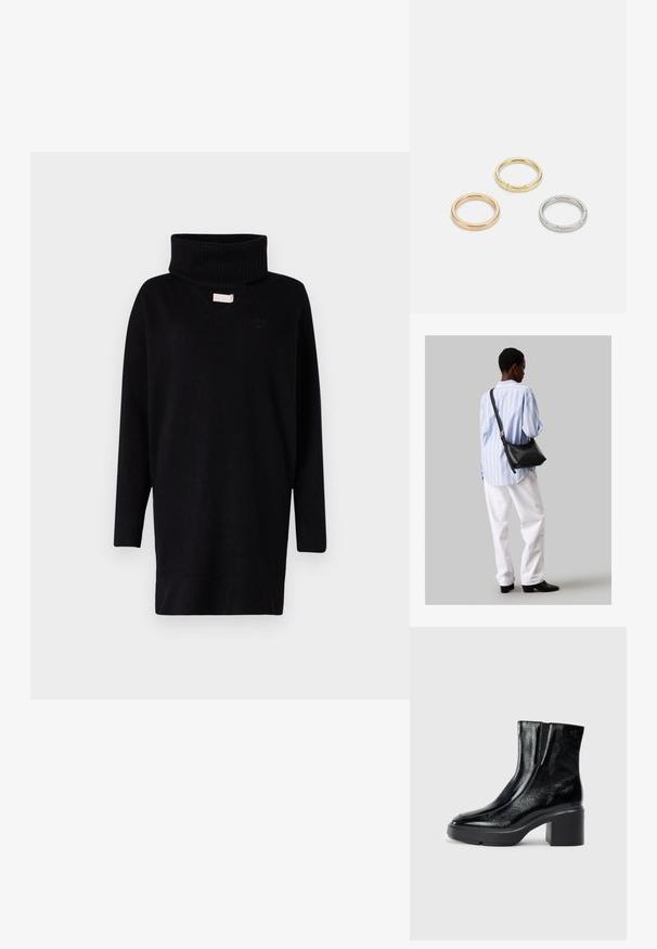 Mustapohjainen neulepaita, jossa on korkea putkimainen kaulus, pitkät hihat ja v-mallinen kaula-aukko. Kauluksessa ja hihansuissa on ribbitekstuuri.; Musta patentoitu nahkasaappaat nilkkoihin, joissa on kaareva kärki, joustavat sivupaneelit ja paksu lohkoilut. Takana on kohokuvioitu logo.; Musta nahkainen olkalaukku, jossa on pehmeä rakenne, kolmion muoto ja säädettävä hihna, yhdistettynä vaaleansiniseen raidalliseen paitaan ja valkoisiin housuihin.; Kolme metallirengasta: yksi ruusukultainen, yksi kultainen teksturoiduilla yksityiskohdilla ja yksi hopeinen, kaikki kaiverretulla brändäyksellä sisäpuolella.