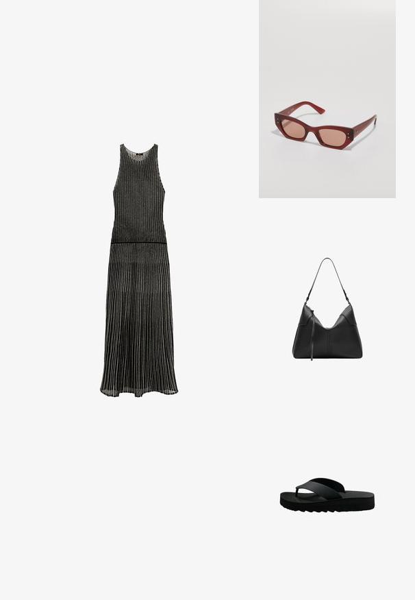 Schwarzes Kleid mit vertikalen Streifen, ärmelloses Design, runder Ausschnitt und einem fließenden Rock, der am Saum sanft ausgestellt ist.; Schwarze Flip-Flops mit einem strukturierten Fußbett, geriffelter Sohle und zwei Riemen, die sich über die Oberseite kreuzen, aus leichtem, flexibel material gefertigt.; Rote Acetat-Sonnenbrille mit geometrischer Katzenaugenform, braun getönten Gläsern und subtilen Metallakzenten nahe den Scharnieren.; Schwarze Lederumhängetasche mit einem geschwungenen Design, ausgestattet mit einem einzelnen verstellbaren Trageriemen und einem Reißverschluss oben. Subtiler Logodetail.