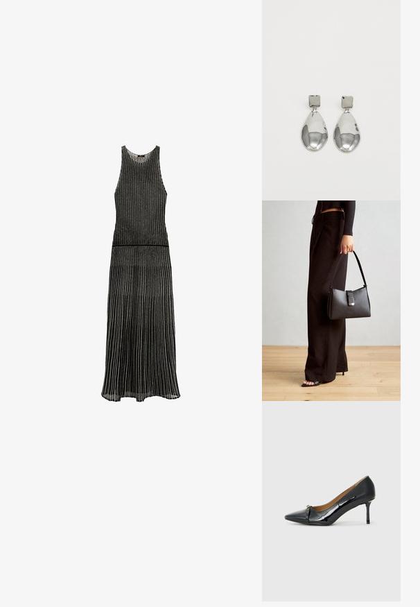 Schwarzes Kleid mit vertikalen Streifen, ärmelloses Design, runder Ausschnitt und einem fließenden Rock, der am Saum sanft ausgestellt ist.; Schwarzer Lackleder-Pumps mit spitzem Zehenbereich, dekorativem Riemen vorne und schmalem Stiletto-Absatz.; Schwarze Handtasche mit strukturierter Form, glatter Textur und einem metallischen Verschluss. Kombiniert mit weiten schwarzen Hosen und offenen Sandalen auf einem Holzboden.; Silberne Tropfenohrringe mit einem quadratischen Stecker, die eine glatte, polierte Oberfläche und eine Tropfenform aufweisen, die Licht mit einer glänzenden Oberfläche reflektiert.