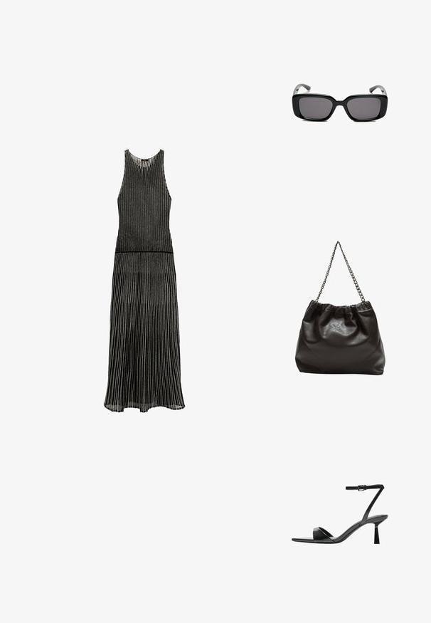 Schwarzes Kleid mit vertikalen Streifen, ärmelloses Design, runder Ausschnitt und einem fließenden Rock, der am Saum sanft ausgestellt ist.; Bershka High Heel Sandalette - black; Schwarze rechteckige Sonnenbrille mit dunklen Gläsern, glattem Kunststoffrahmen und gebogenen Bügeln. Das Design ist klobig mit einer minimalistischen Ästhetik.; Braune Lederhandtasche mit gerafftem Oberteil und Kettenriemen. Glatte Textur mit glänzendem Finish und subtilen Nahtdetails an den Seiten.