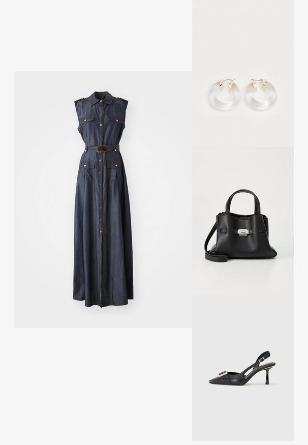 Farmer szövetű, ujjatlan ruha gombos záródással, oldalsó zsebekkel és széles övvel. Sötétkék szín arany tónusú fém kiegészítőkkel. Hosszú, laza kialakítás.; Fekete bőr slingback cipő hegyes orral, karcsú sarkal és aranyszínű kiegészítővel a lábfej résznél. Simább szerkezet és letisztult dizájn.; Fekete bőr kézitáska struktúrált felülettel, két felső fogantyúval, levehető vállpánttal és ezüst színű csattal.; Átlátszó akril fülbevalók arany tónusú fémszegélyekkel és fényes felülettel. Simább, kör alakú dizájnnal rendelkezik.