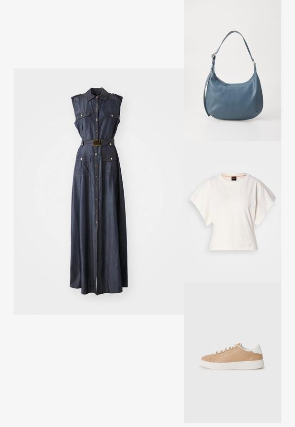 Jeansklänning utan ärmar med knappstängning, sidofickor och ett brett bälte. Mörkblå färg med guldfärgade detaljer. Lång, flödande design.; Vit kortärmad T-shirt, korta vida ärmar, mjukt bomullsmaterial, rund halsringning med subtila orange detaljer, minimal design, inga mönster eller grafik.; Beige lädersneaker med vita detaljer, rund tå, platt sula och kontrasterande sömmar. Snörning med sex öglor.; Blå läderhandväska med rundad form, enkel axelrem, zipförslutning och präglat varumärke framtill. Slät textur.