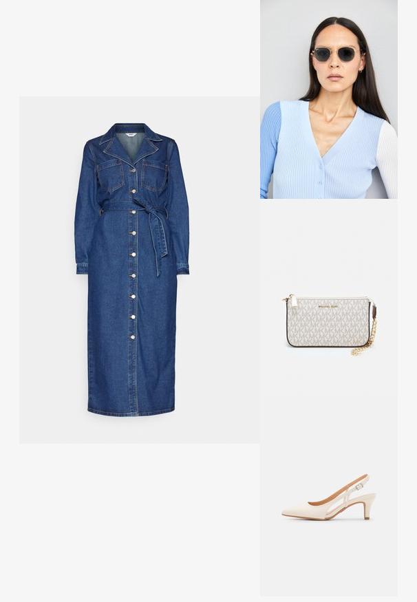 Džinsinis suknelė su ilgomis rankovėmis, priekinėmis kišenėmis ir diržu juosmens. Yra pilnas mygtukų užsegimas ir tiesus apvadas tamsiai mėlynos spalvos.; Balti slingback kulniukai su smailiu pirštu, lygia viršutine medžiaga, žemu blokuotu kulnu ir šoniniu išpjovimu su reguliuojamu sagtimi.; Apskriti saulės akiniai su tamsiais objektyvais ir auksiniais rėmeliais. Modelis vilki šviesiai mėlyną, raukinį kardiganą su mygtukais ir kontrastingomis baltomis rankovėmis.; Michael Kors rankinė smėlio spalvos dengto kanvoje su pakartotiniu MK logotipo raštu, auksinėmis detalėmis ir nuimamu grandininiu dirželiu.