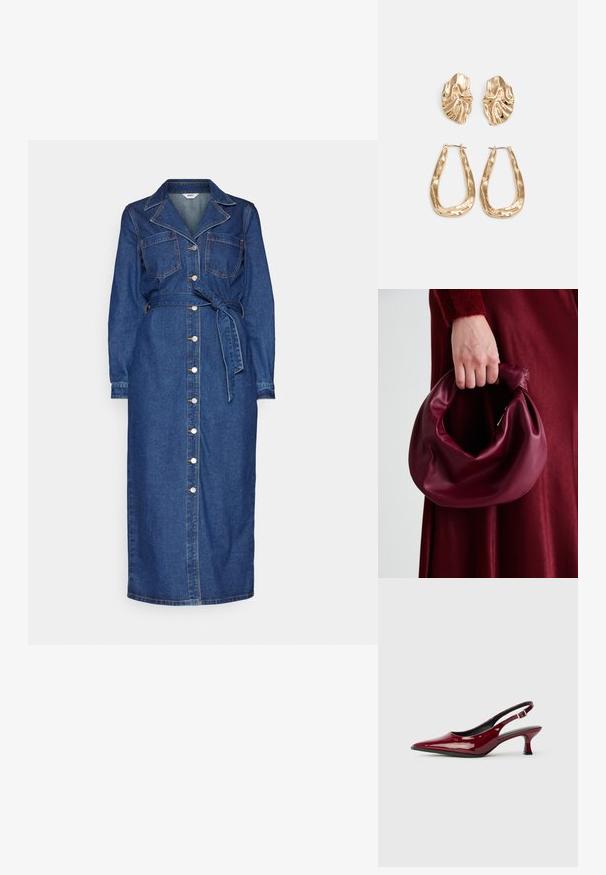 Denimkjole med lange ermer, framlommer og belte i midjen. Har en full knappestolpe og en rett fald i mørkeblå.; Burgunderfargede lakket skinn slingback hæler med spiss tå og en elegant stilettohælhøyde. Åpen bakdesign med justerbar ankelrem.; Bordeaux lærhåndveske med et mykt, samlet design og avrundet form. Håndtaket er festet, og viser en glatt tekstur.; Gullfargede øredobber med teksturerte, bølgete former. Inkluderer skulpturelle klipsstuds og åpen hoop-design med en hamret finish.