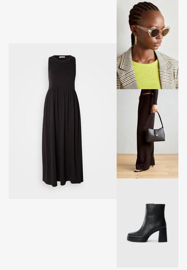 Fekete ujjatlan maxi ruha kerek nyakkivágással, rakott derékkal és lebegő szoknyával. Puha, rugalmas anyagból készült, sima felülettel.; Fekete bőr bokacsizma tömbsarkal és platform talppal, oldalról nézve, sima fehér háttéren.; Tiszta macskaszem napszemüveg barna lencsékkel és átlátszó kerettel. Model éppen egy zöld bordázott felsőt és kockás blézert visel. Arany fülbevalók.; Fekete kézi táska strukturált formával, sima textúrával és fémből készült záródással. Széles fekete nadrággal és nyitott orrú szandállal párosítva, fából készült padlón.