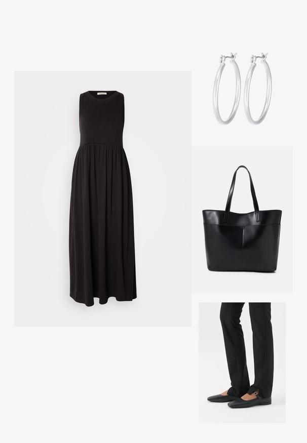 Schwarzes, ärmelloses Maxikleid mit Rundhalsausschnitt, gerafft in der Taille und mit fließendem Rock. Hergestellt aus weichem, elastischem Stoff mit glatter Textur.; Schwarze Leder-Ballerinas mit spitzer Zehenpartie, Riemchen mit silberner Schnalle, kombiniert mit schwarzen taillierten Hosen mit Schlitzsaum.; Schwarze Leder-Shopper-Tasche mit zwei langen Griffen, einer glatten Textur und einer strukturierten Form. Verfügt über eine Vordertasche für zusätzlichen Stauraum.; Silberne Creolen mit einer glatten, polierten Oberfläche. Runder Form und sicherem Klickverschluss. Leichtes Design, geeignet für den täglichen Gebrauch.