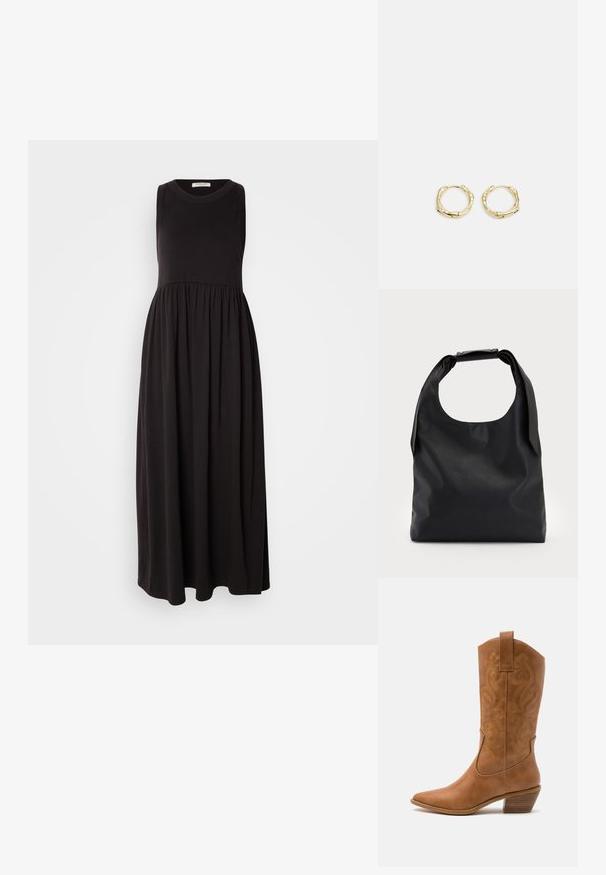 Černé bezramínkové maxi šaty s kulatým výstřihem, nabraným pasem a splývavou sukní. Vyrobené z jemné, elastické tkaniny s hladkou texturou.; Hnědé kožené kovbojské boty s špičatou špičkou, vyšívanými spirálovými vzory na štítech a s blokovým podpatkem. Obsahují poutko pro snadné obouvání.; Černá kůže hobo taška s jedním měkkým, zaobleným uchopem; má hladkou texturu a minimalistický design. Bez viditelného kovového doplňku nebo akcentů.; Zlaté kruhové náušnice s texturovaným, nepravidelným tvarem. Disponují bezproblémovým uzávěrem a leštěným povrchem, což zdůrazňuje moderní design.