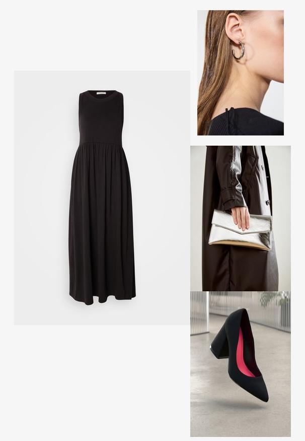 Schwarzes, ärmelloses Maxikleid mit Rundhalsausschnitt, gerafft in der Taille und mit fließendem Rock. Hergestellt aus weichem, elastischem Stoff mit glatter Textur.; Schwarzer High-Heel-Schuh mit spitzer Kappe und strukturierter Oberseite. Innenfutter in leuchtendem Pink. Quadratischer Absatz mit metallischem Akzent an der Basis.; Silberner metallischer Clutch mit einem eckigen Umschlagdesign, glatter Textur und kontrastierender Innenfarbe, gehalten in einer Hand, die einen schwarzen Mantel trägt.; Silberne Creolen mit polierter Oberfläche, die kleine goldene Akzentdetails und eine runde Form aufweisen, am Ohrläppchen getragen.