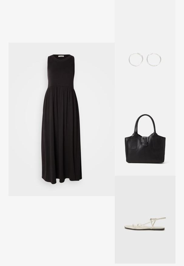 Fekete ujjatlan maxi ruha kerek nyakkivágással, rakott derékkal és lebegő szoknyával. Puha, rugalmas anyagból készült, sima felülettel.; Beige lapos szandál, amelyet több vékony pánt díszít, és állítható csattal rendelkezik. A talpa lapos, az élein enyhe sötét kontraszttal.; Fekete bőr bevásárlótáska sima textúrával, strukturált formával, két fogantyúval és egy figyelemfelkeltő ezüst csattal az elején.; Ezüst karika fülbevalók, letisztult, kerek formával, sima felülettel és látható díszítés nélkül. A átmérő nem megadott.