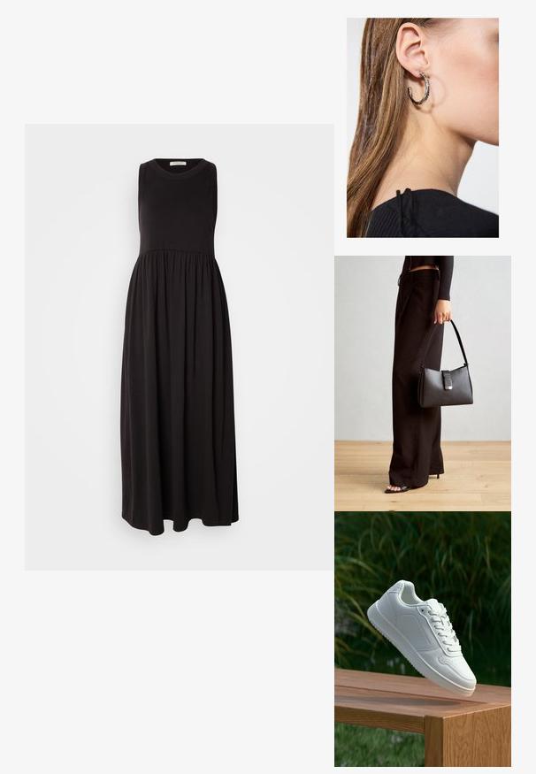 Čierna maxi šaty bez rukávov s okrúhlym výstrihom, naťahovacím pásom a splývavou sukňou. Vyrobené z jemnej, elastickej látky s hladkou textúrou.; Biele tenisky s hladkým syntetickým zvrškom, perforovanou špičkou, plochými šnúrkami a textúrovanou podrážkou, vystavené na drevenej ploche.; Čierna kabelka so štruktúrovaným tvarom, hladkou textúrou a kovovou sponou. V kombinácii so širokými čiernymi nohavicami a sandálmi s otvorenou špičkou na drevenej podlahe.; Strieborná kruhová náušnica s lesklým povrchom, obsahujúca malé zlaté akcenty a okrúhly tvar, nosená na lalôčiku ucha.