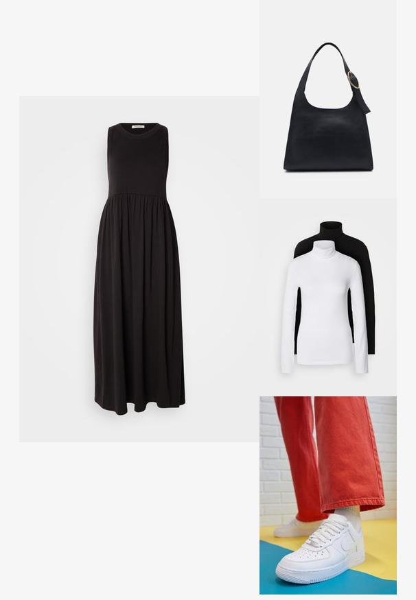 Mustmust lühikeste varrukateta maksikleidiga, ümmarguse kaelusega, koguneva vöökohtadega ja voolava seelikuga. Valmistatud pehmest, venivast kangast, millel on sile tekstuur.; Kaks pikka varrukat turtleneck tippi, üks valge ja teine must, valmistatud siledast, venivast kangast, mõlemad slim-fit disainiga ja kõrgete kraedega.; Valge nahast tennis, millel on perforeeritud varvas, tekstureeritud tallad ja valged shoelaces, kombineeritud laia punase pükste ja sinise ning kollase taustaga.; Must küllastunud nahk kantav kott siledast tekstuurist, ümar keha ja ühe õlavarre rihmaga, millel on ringikujuline kuldne metalldetail.