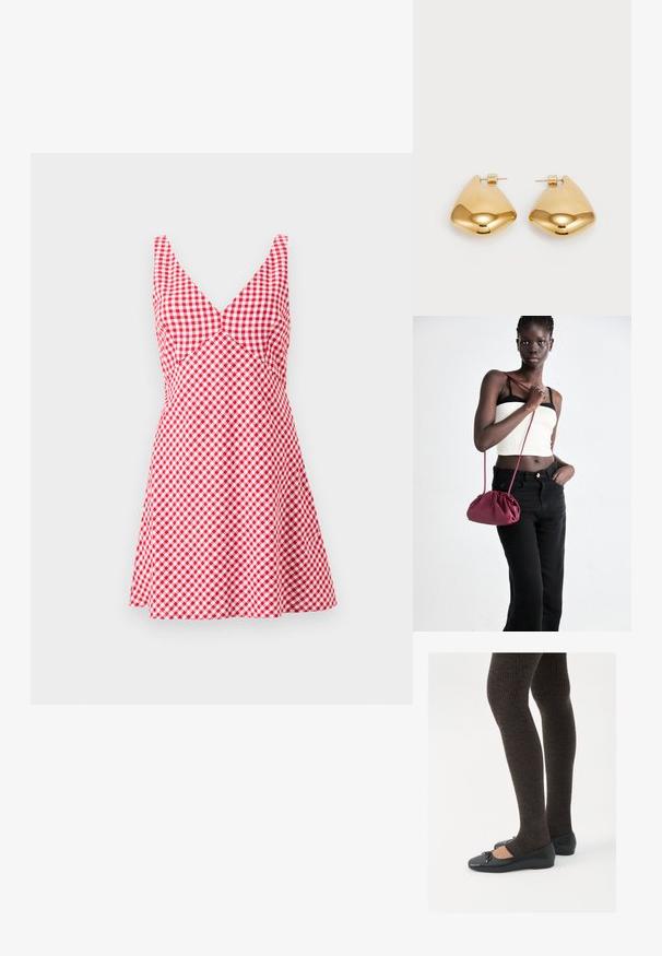 Rot-weiße Karokleid mit V-Ausschnitt, ärmellosem Design, tailliertem Oberteil und ausgestellt Rock. Hergestellt aus leichtem Stoff.; Schwarze flache Schuhe mit einem kleinen Schleifendetail an der Zehe, kombiniert mit dunkelbraunen gerippten Strumpfhosen. Die Schuhe haben eine glatte Textur und ein niedriges Profil.; Burgunderfarbene Handtasche aus weichem Stoff mit gerafftem Design und langem Trageriemen, quer über den Körper getragen. Das Modell trägt ein weißes Crop-Top und schwarze Jeans.; Goldfarbene Metallohrringe in einer glatten, abgerundeten dreieckigen Form mit Steckverschluss; reflektierende Oberfläche mit minimaler Detailarbeit.