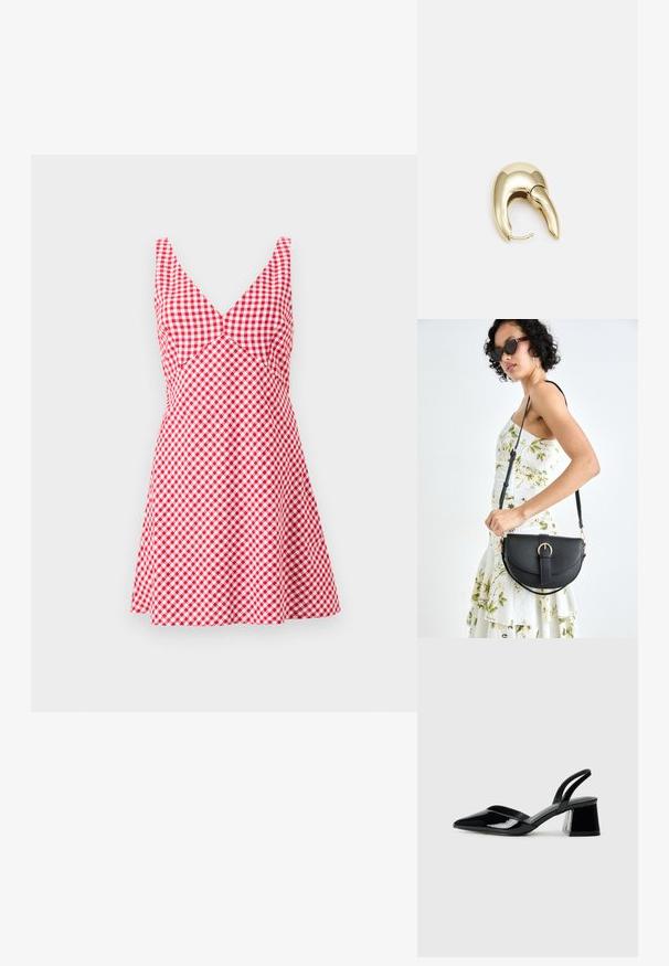 Rot-weiße Karokleid mit V-Ausschnitt, ärmellosem Design, tailliertem Oberteil und ausgestellt Rock. Hergestellt aus leichtem Stoff.; Schwarze Lackleder-Slingback-High Heels mit spitzem Schuh und einem geometrischen Blockabsatz. Verfügt über ein schlankes, minimalistisches Design und eine glatte Textur.; Schwarze Lederhandtasche mit geschwungener Form, abnehmbarem Tragegurt und goldenen Beschlägen. Die Tasche verfügt über einen Deckel mit einer Schnallen-Details.; Ohrringe aus goldfarbenem Metall mit einem schlanken, geschwungenen Design. Sie verfügen über eine markante, spitze Form, eine polierte Oberfläche und einen Scharnierverschluss.