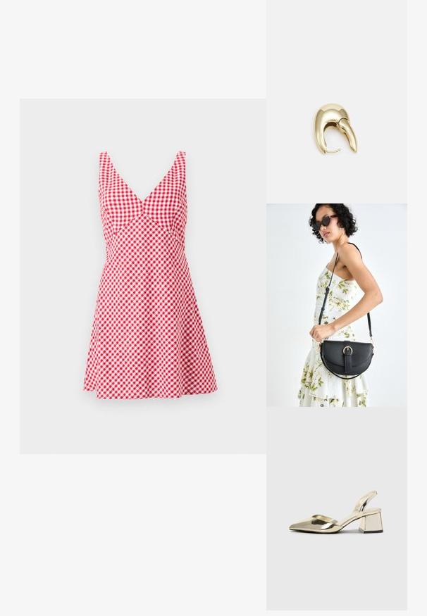 Červené a biele šachovnicové šaty s výstrihom do V, bez rukávov, priliehavým korzetom a rozšírenou sukňou. Vyrobené z ľahkého materiálu.; Zlaté kovové lodičky na podpätku so špicatou špičkou a robustným podpätkom. Hladký povrch, minimalistický dizajn a úzka remienok.; Čierna kožená kabelka s zaobleným tvarom, odnímateľným popruhom a zlatými doplnkami. Kabelka má klopu s detailom s prackou.; Náušnice z kovu v zlatej farbe s elegantným, zakriveným dizajnom. Majú charakteristický špicatý tvar, leštený povrch a uzáver na pánt.