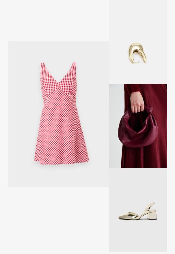 Sarkana un balta pārbaude kleita ar V formas kakla izgriezumu, bez piedurknēm, pieguļošu augšdaļu un platām svārkiem. Izgatavota no viegla auduma.; Zeltaini, metāla kurpes ar siksniņām, norakans purngalis un masīla papēdis. Gluda tekstūra, minimālisma dizains un šaura siksna.; Burgundijas ādas rokassoma ar mīkstu, sakrautu dizainu un apaļu formu. Rokturi ir nostiprināti, parādot gludu tekstūru.; Zeltīti metāla auskari ar gludu, izliekta dizaina. Ar atšķirīgu smailu formu, pulētu virsmu un eņģu aizdari.