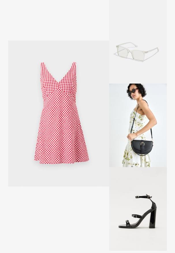 Sarkana un balta pārbaude kleita ar V formas kakla izgriezumu, bez piedurknēm, pieguļošu augšdaļu un platām svārkiem. Izgatavota no viegla auduma.; Melnas lakotas augstpapēžu čības ar kvadrāta purngalu, potīšu siksniņām un sudraba sprādzēm. Aprīkotas ar masīvu bloku papēdi stabilitātei.; Caursplūstošas kvadrātveida brillēs ar caurspīdīgiem lēcām, ar zelta akcentiem uz tempļiem, lai pievienotu detaļas.; Melnas ādas rokassoma ar izliekta formu, noņemamu siksnu un zelta aksesuāriem. Somai ir vāciņš ar sprādzes detaļu.