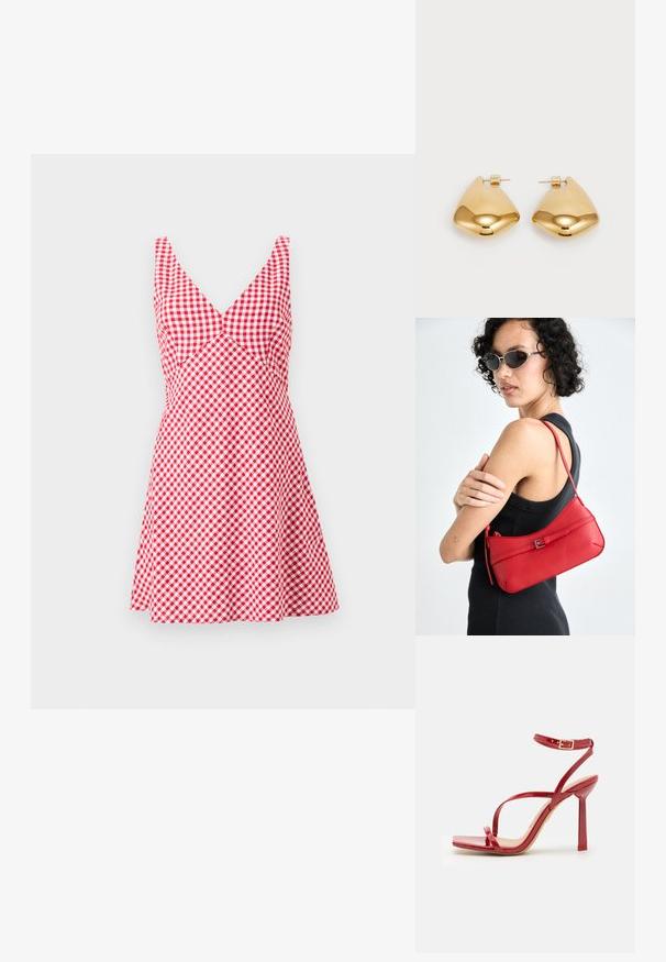 Punane ja valge ruuduline kleit V-kaelusega, ilma varrukateta disainiga, taljesse sobiv ja laienev seelik. Valmistatud kergest kangast.; ALDO SCINTILLA - Kõrge kontsaga sandaalid - red; Punane nahast õlalauk sujuva tekstuuriga, kaarjate joontega ja dekoratiivse lukuga. Reguleeritav rihm ja lukuga sulgemine.; Kuldtoon metall kõrvarõngad, millel on sile, ümar kolmnurkne kuju ja tagaküljel olev kinnitamine; peeglilaadne pinda, millel on minimaalne detailide hulk.