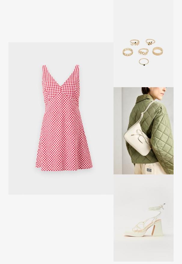 Rot-weiße Karokleid mit V-Ausschnitt, ärmellosem Design, tailliertem Oberteil und ausgestellt Rock. Hergestellt aus leichtem Stoff.; Weiße High-Heel-Sandale mit einem klobigen Absatz, die über ein Riemchendesign und ein Knöchelband verfügt. Glatte Textur mit einer Plattform vorne für zusätzliche Höhe.; Beige Leder Crossbody-Tasche mit einer Schleifendetail, goldenen Beschlägen und einem verstellbaren Tragegurt, getragen über einer grünen Steppjacke.; Set aus sechs goldenen Ringen mit verschiedenen Designs: geflochten, mit Blattmotiven und soliden Bändern; einige mit grünen Edelsteinen akzentuiert.