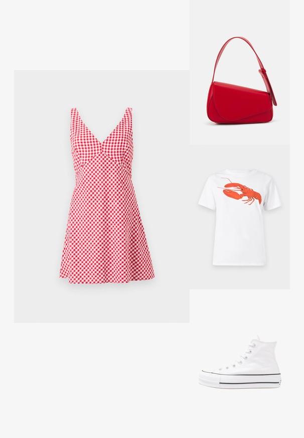 Červené a biele šachovnicové šaty s výstrihom do V, bez rukávov, priliehavým korzetom a rozšírenou sukňou. Vyrobené z ľahkého materiálu.; Biely bavlnený tričko s veľkým, jasne červeným grafickým zobrazením homára na prednej strane. Krátke rukávy a štandardný dizajn s okrúhlym výstrihom.; Biele vysoké plátené tenisky s čiernou gumovou podošvou, prednou gumovou špičkou a šiestimi okami na šnúrky, s čistým, minimalistickým dizajnom.; Červená kožená kabelka s ostrým, geometrickým dizajnom. Má jeden nastaviteľný popruh a uzatváranie na klopu so šitím.