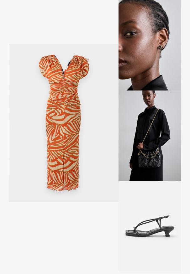 Vestido vermelho e bege com padrão, mangas bufantes, corpete drapeado, decote em V e uma textura suave. Barra godê com detalhe franzido.; Sandal de couro preto com tiras finas, salto bloco baixo e biqueira quadrada. Apresenta um fecho de fivela e textura suave.; Bolsa de mão preta de couro acolchoado com uma parte superior franzida, alça de corrente dourada e forma retangular, sustentada contra um fundo liso.; Os brincos de flor em ouro apresentam um centro texturizado em preto e detalhes delicados. A pele clara da modelo e o seu cabelo trançado são visíveis de lado.