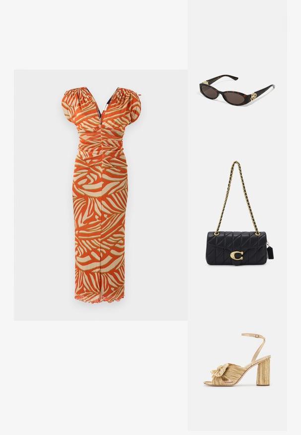 Červené a béžové šaty so vzorom, puffiami na rukávoch, nariaseným živôtikom, výstrihom do V a hladkou textúrou. Rozšírený lem s zhromaždeným detailom.; Zlaté sandále na podpätku s uzlom vpredu, s plisovanou štruktúrou a remienkom okolo členka. Blokový podpätok má ryhovaný dizajn, čo zlepšuje priľnavosť.; Slnkové okuliare v korytnačkovom dizajne s predĺženými oválnymi šošovkami, hnedým tónovaním, zlatými logovými akcentmi na spánkoch a elegantnými čiernymi ramenami.; Čierna prešívaná kabelka so zlatým reťazovým popruhom, ktorá má výrazný zlatý uzáver a malú nášivku, s textúrovaným koženým povrchom.