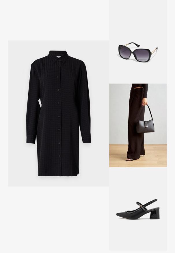 Black button-up shirt dress with long sleeves, featuring a textured fabric and a straight cut, reaching mid-thigh length.; Black patent leather slingback heels with a pointed toe, a rounded cutout design, and a block heel. Features a gold-tone buckle accent.; Black oversized sunglasses with gradient lenses, thick frames, and gold-tone chain detailing on the temple arms.; Black handbag with structured shape, smooth texture, and a metallic clasp. Paired with wide black pants and open-toe sandals on wooden floor.
